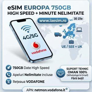 eSIM EUROPA VODAFONE PREMIUM 750 GB + MINUTE NELIMITATE pentru Șoferi Comunitate | iaesim.ro